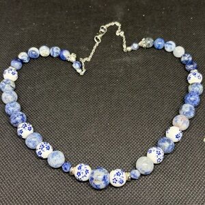 Genuine Sodalite and Porcelain Graduated Necklace with Vintage Elements